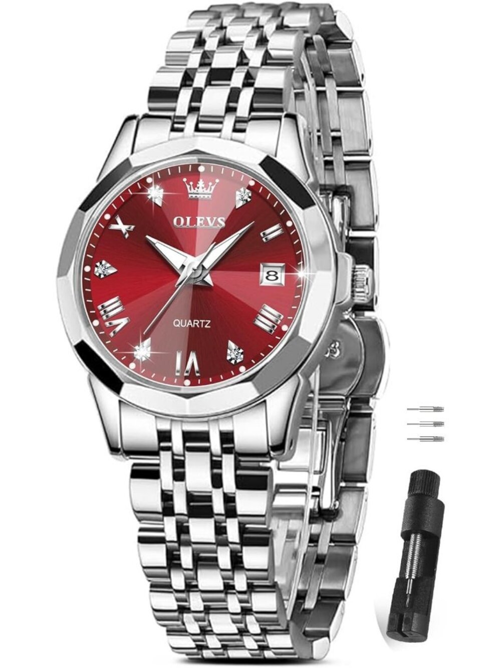 Women's Silver Red Stainless Steel Luxury Ladies Waterproof Writs Diamond Watch